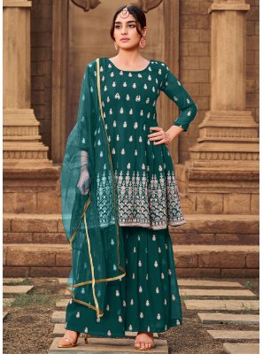 Embroidered Green Faux Georgette Designer Pakistani Suit