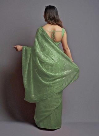 Embroidered Green Georgette Designer Saree