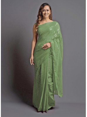 Embroidered Green Georgette Designer Saree