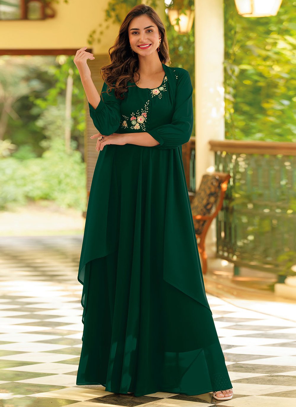 Embroidered Green Georgette Gown 