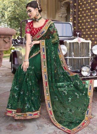 Embroidered Green Net Trendy Saree