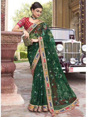 Embroidered Green Net Trendy Saree
