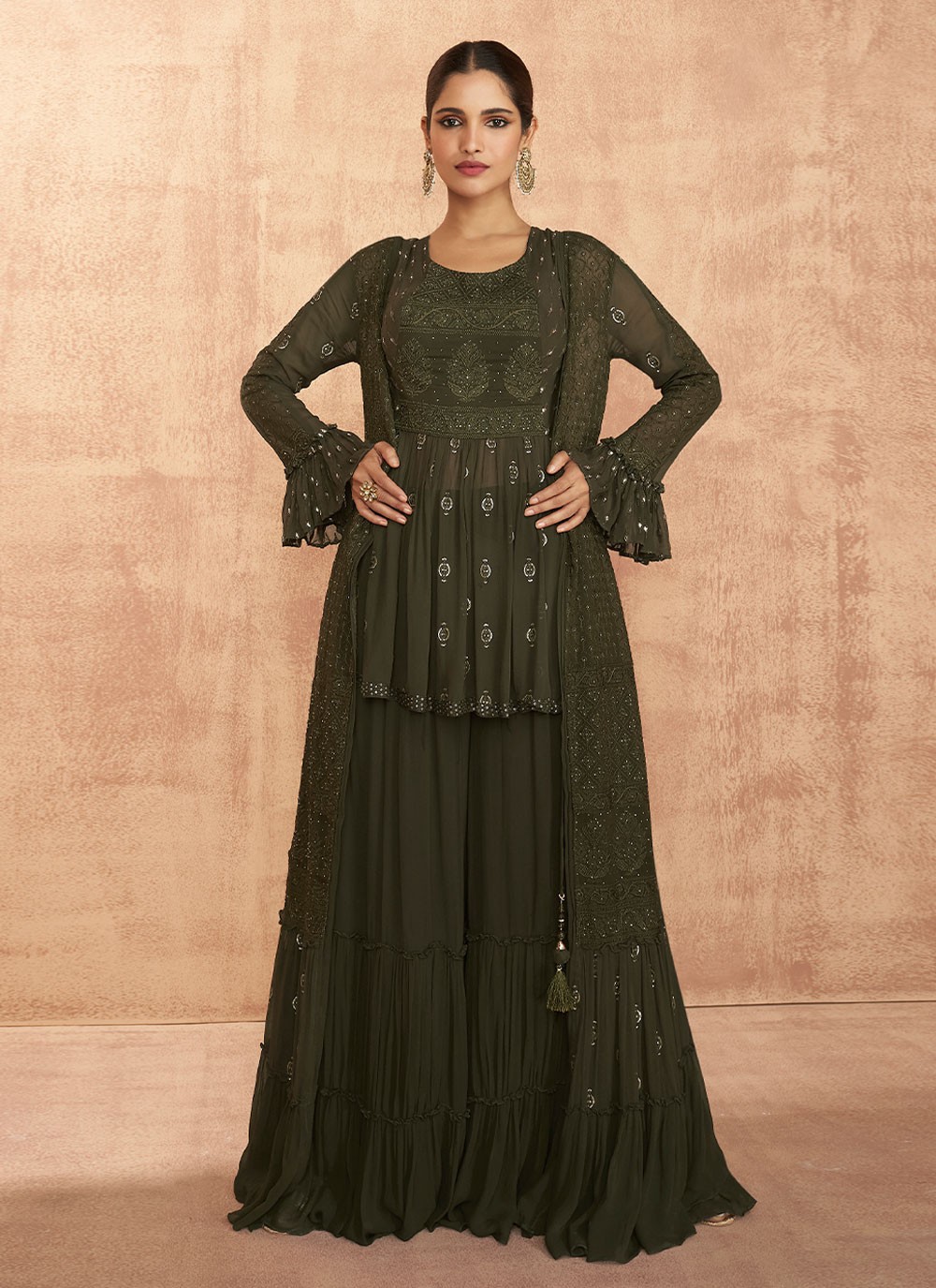 Embroidered Green Pure Georgette Designer Palazzo Suit