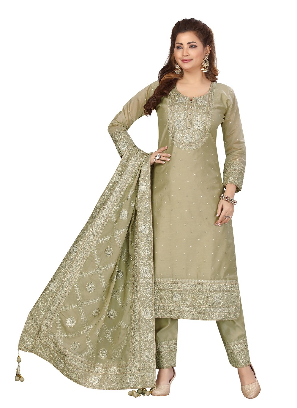 Embroidered Green Readymade Salwar Suit 