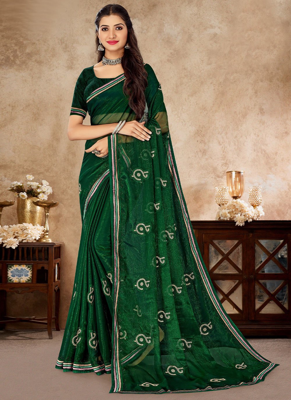 Embroidered Green Shimmer Saree