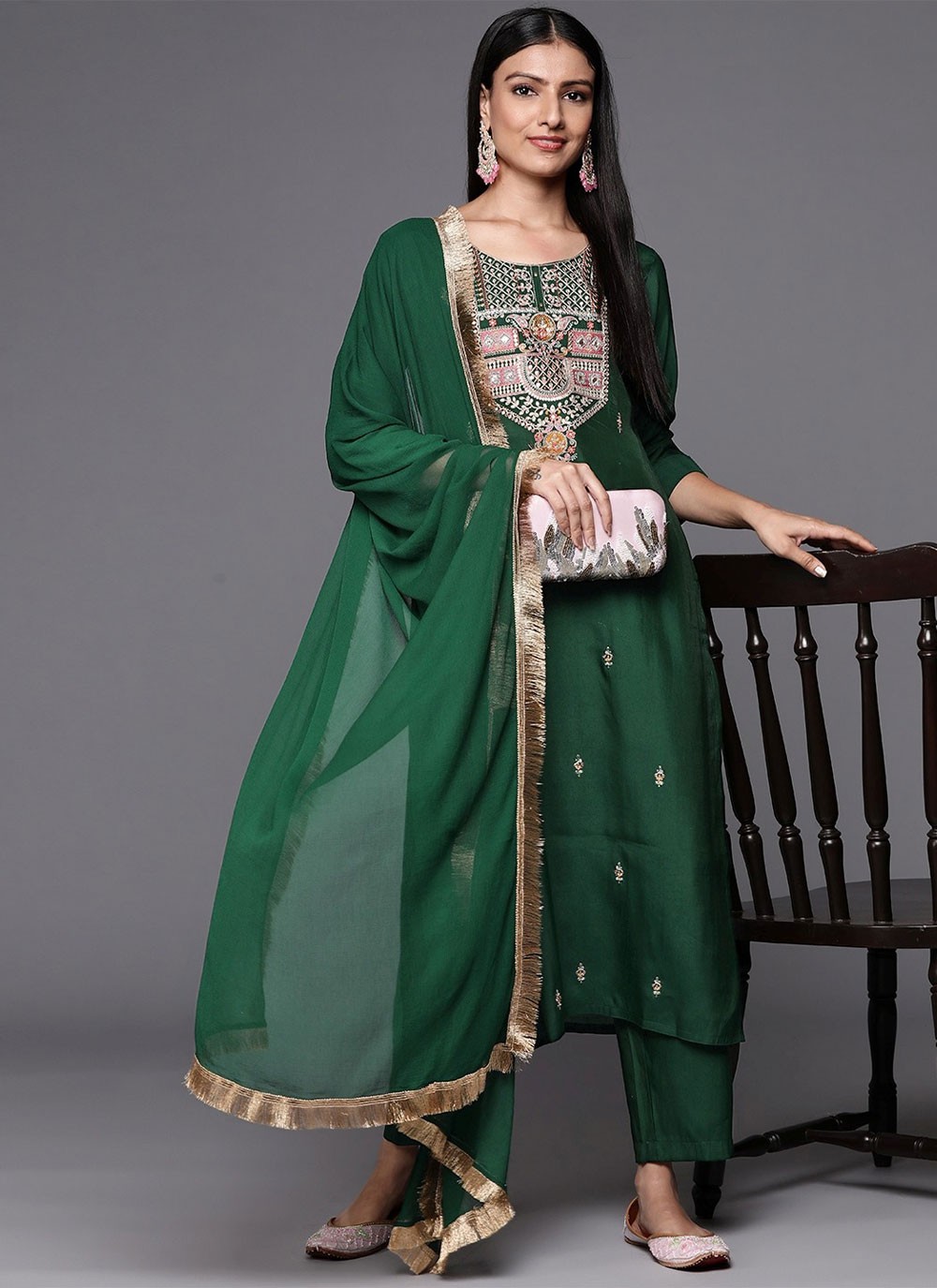 Embroidered Green Silk Salwar Suit