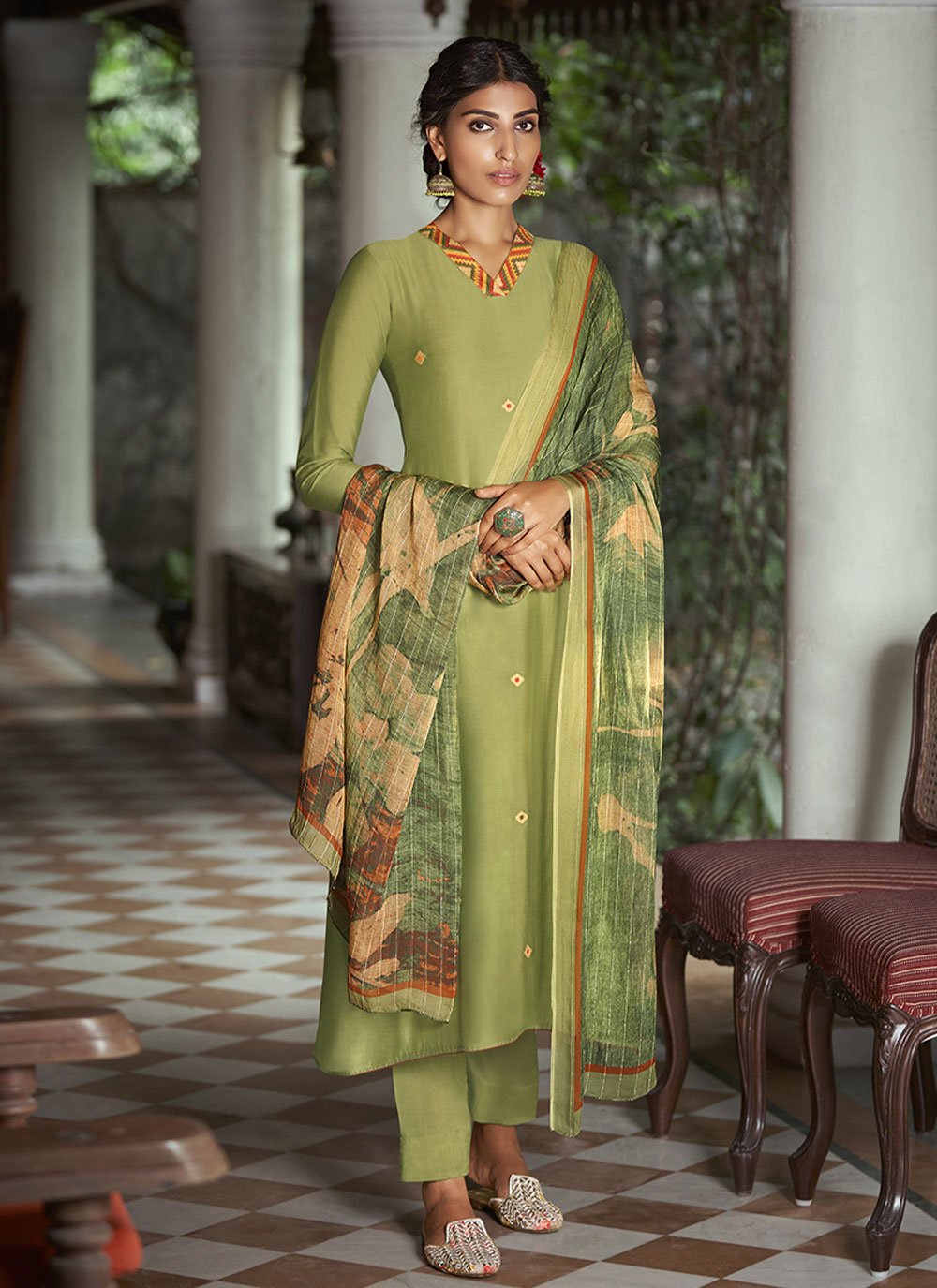 Embroidered Green Silk Straight Salwar Suit