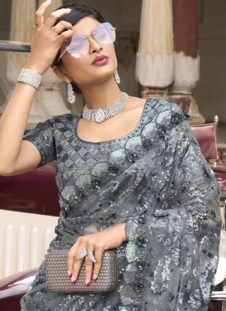 Embroidered Grey Classic Saree