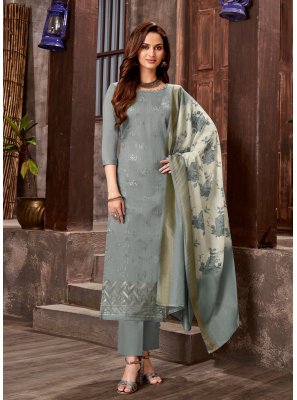 Embroidered Grey Cotton Satin Pant Style Suit