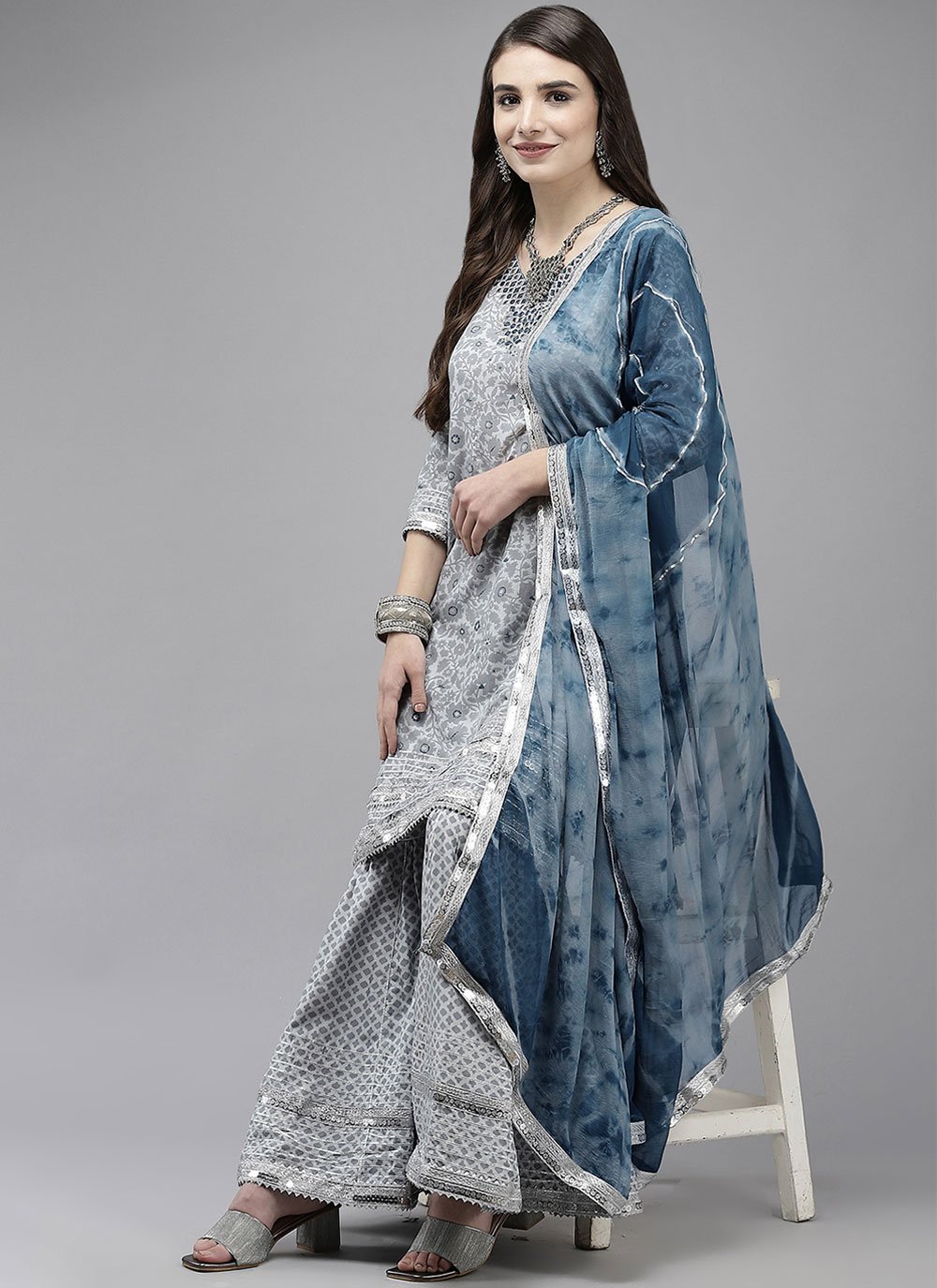 Embroidered Grey Silk Blend Designer Palazzo Suit