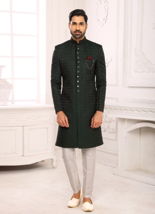 Embroidered Jacquard Indo Western in Green