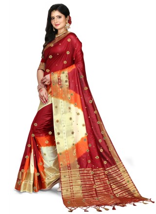 Embroidered Kanjivaram Silk Multi Colour Trendy Saree
