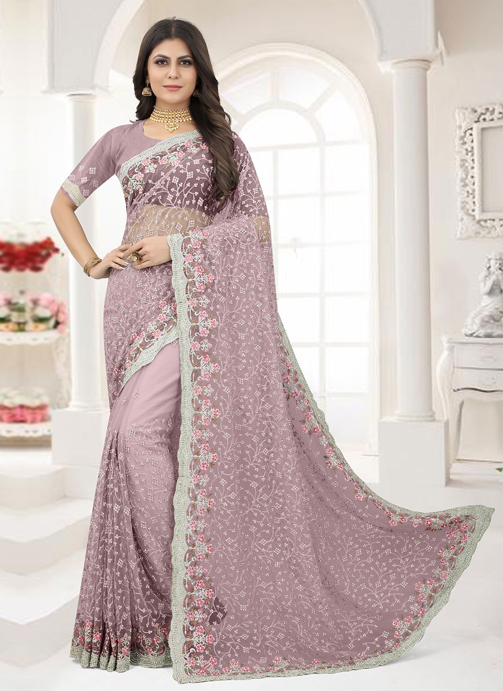 Embroidered Lavender Traditional Saree