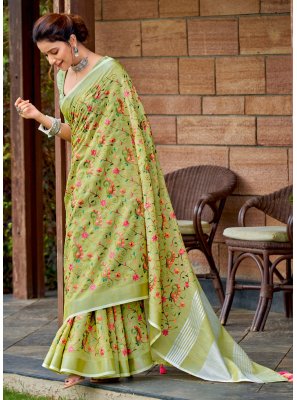 Embroidered Linen Classic Saree in Green