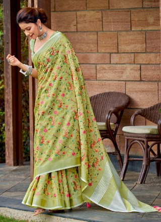 Embroidered Linen Classic Saree in Green