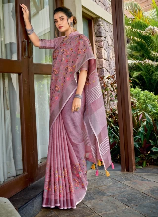 Embroidered Linen Mauve  Classic Saree