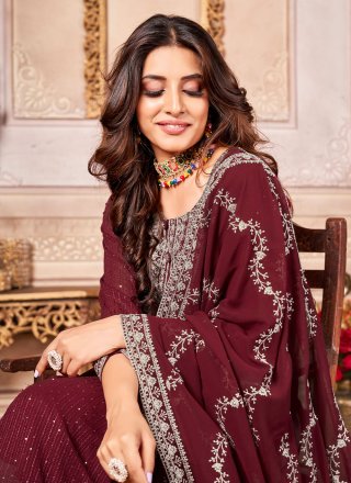Embroidered Maroon Faux Georgette Pant Style Suit
