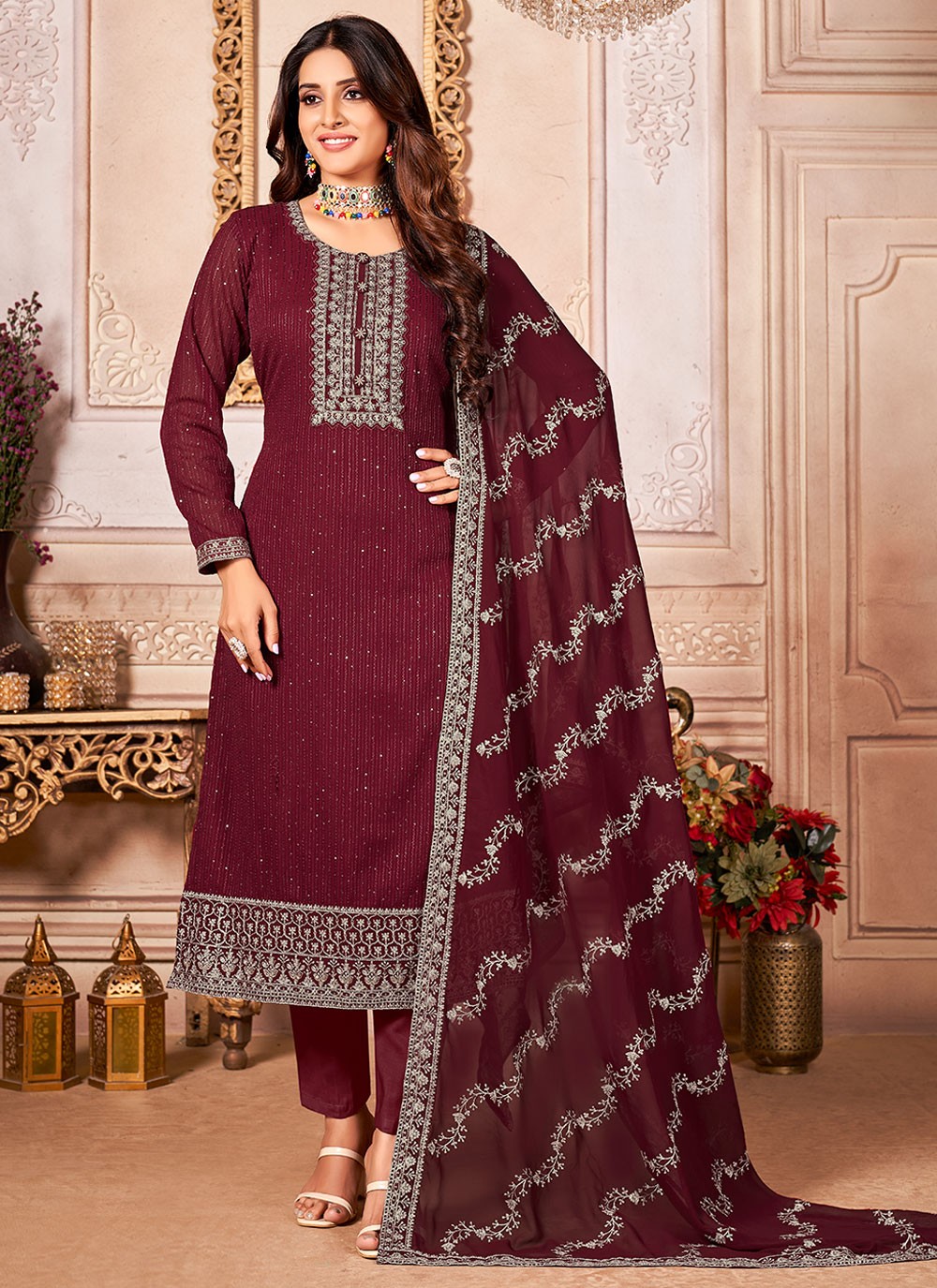 Embroidered Maroon Faux Georgette Pant Style Suit
