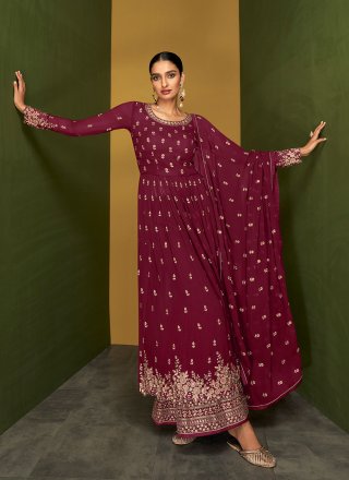 Embroidered Maroon Pure Georgette Palazzo Designer Suit