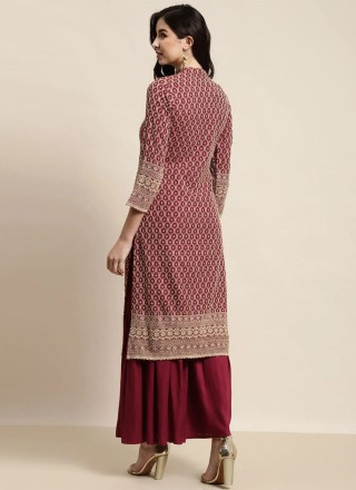 Embroidered Maroon Rayon Readymade Salwar Suit