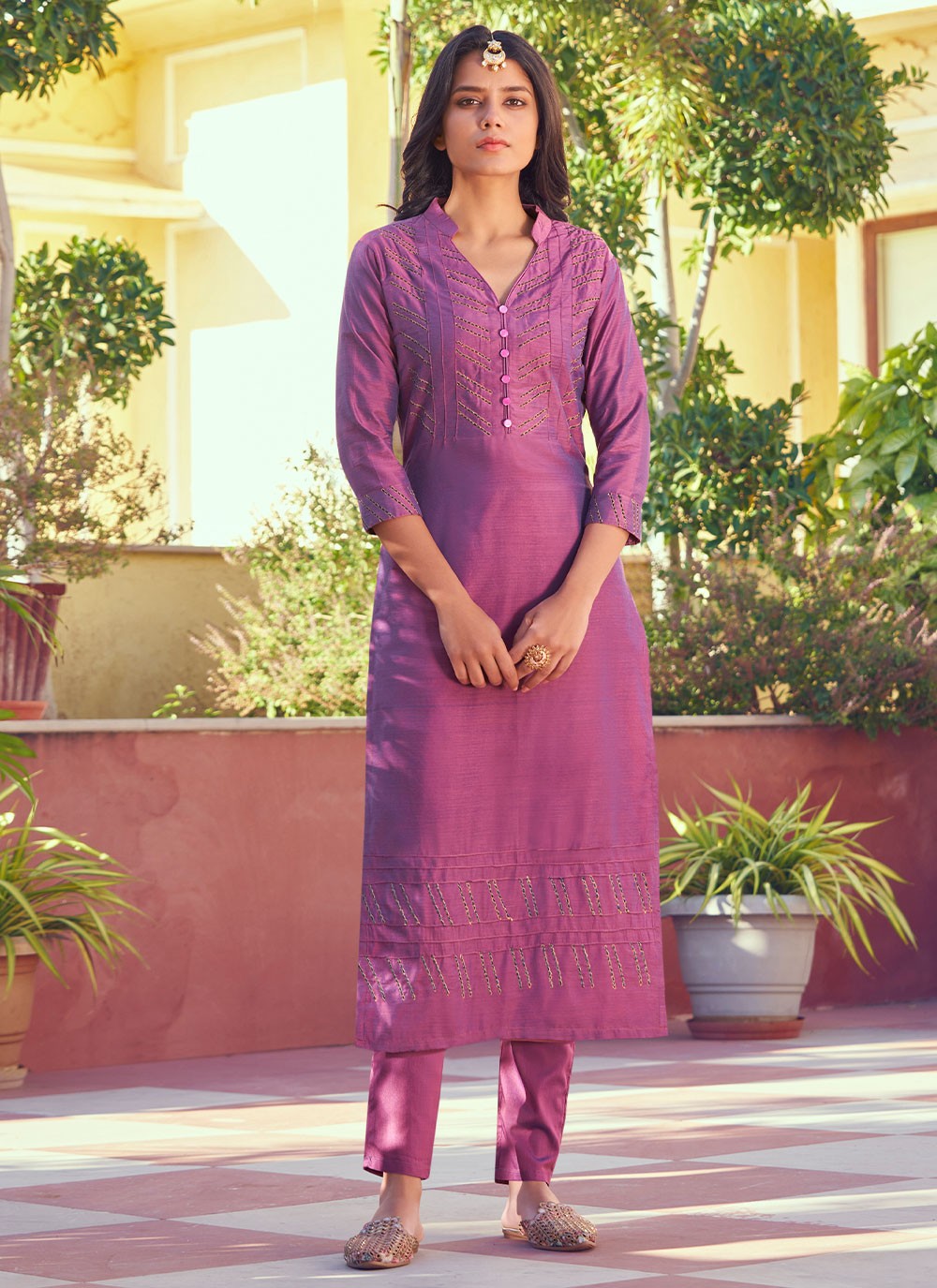 Buy Online Embroidered Mauve Silk Designer Kurti 230173 Kurtis