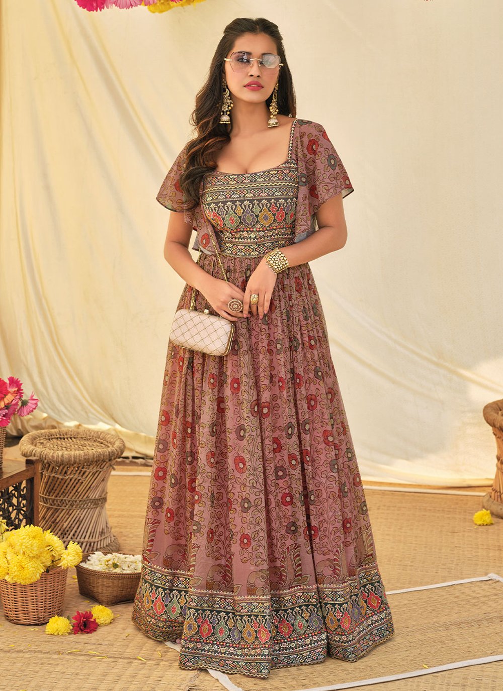 Embroidered Multi Colour Georgette Readymade Gown