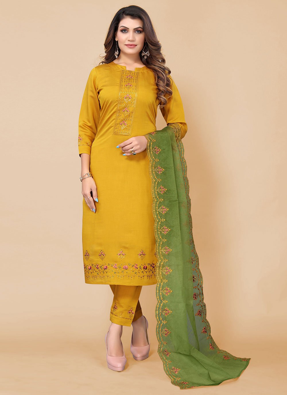 Embroidered Mustard Chinon Readymade Salwar Suit