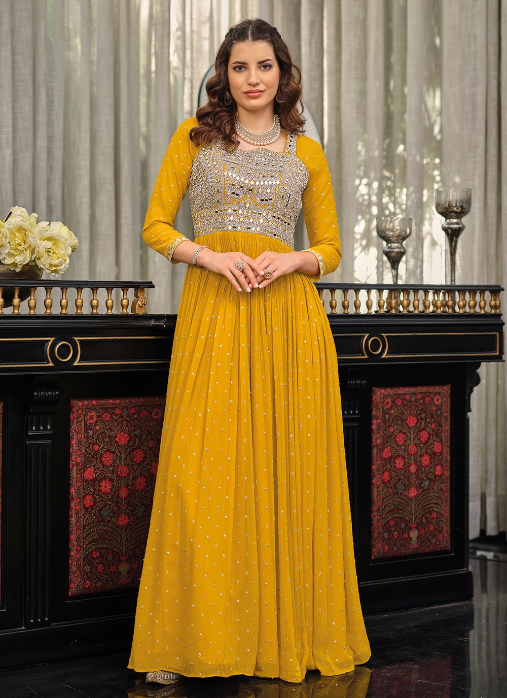 Buy Embroidered Mustard Trendy Gown 235678