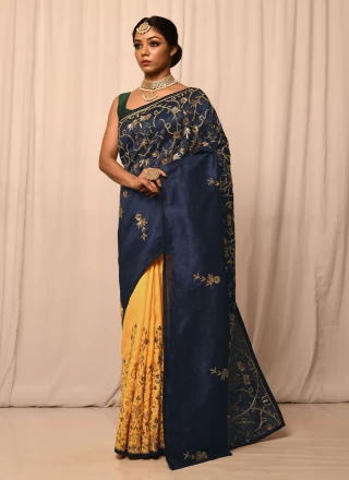 Embroidered Navy Blue and Yellow Silk Classic Saree