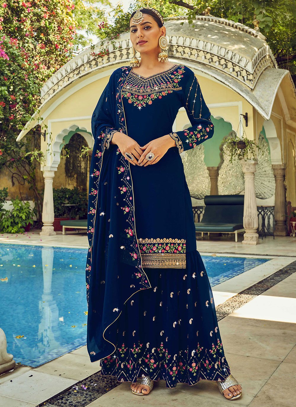 Embroidered Navy Blue Faux Georgette Designer Palazzo Suit