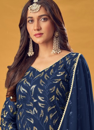 Embroidered Navy Blue Faux Georgette Readymade Salwar Suit