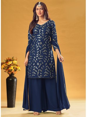 Embroidered Navy Blue Faux Georgette Readymade Salwar Suit