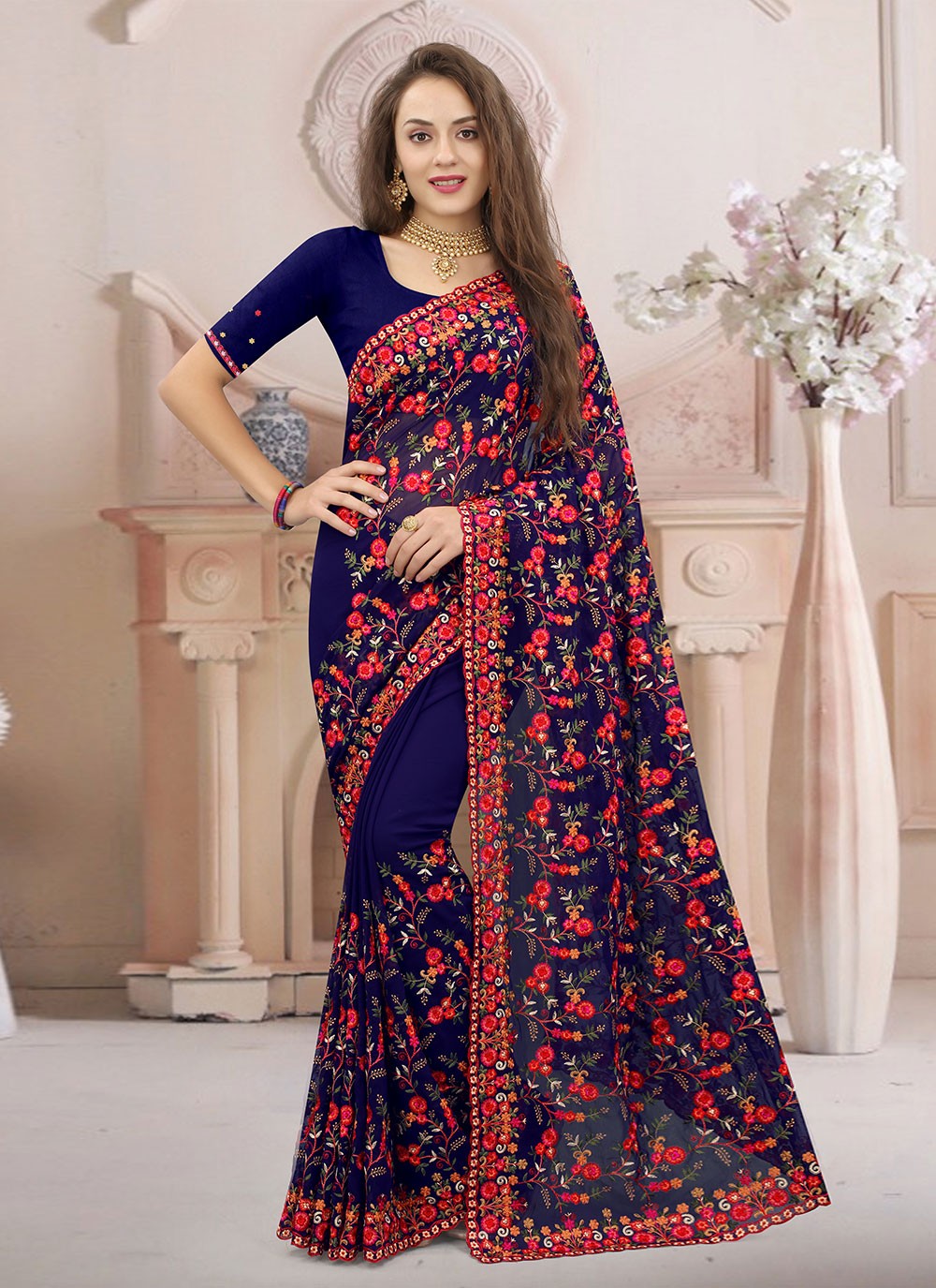 Embroidered Navy Blue Georgette Traditional Saree