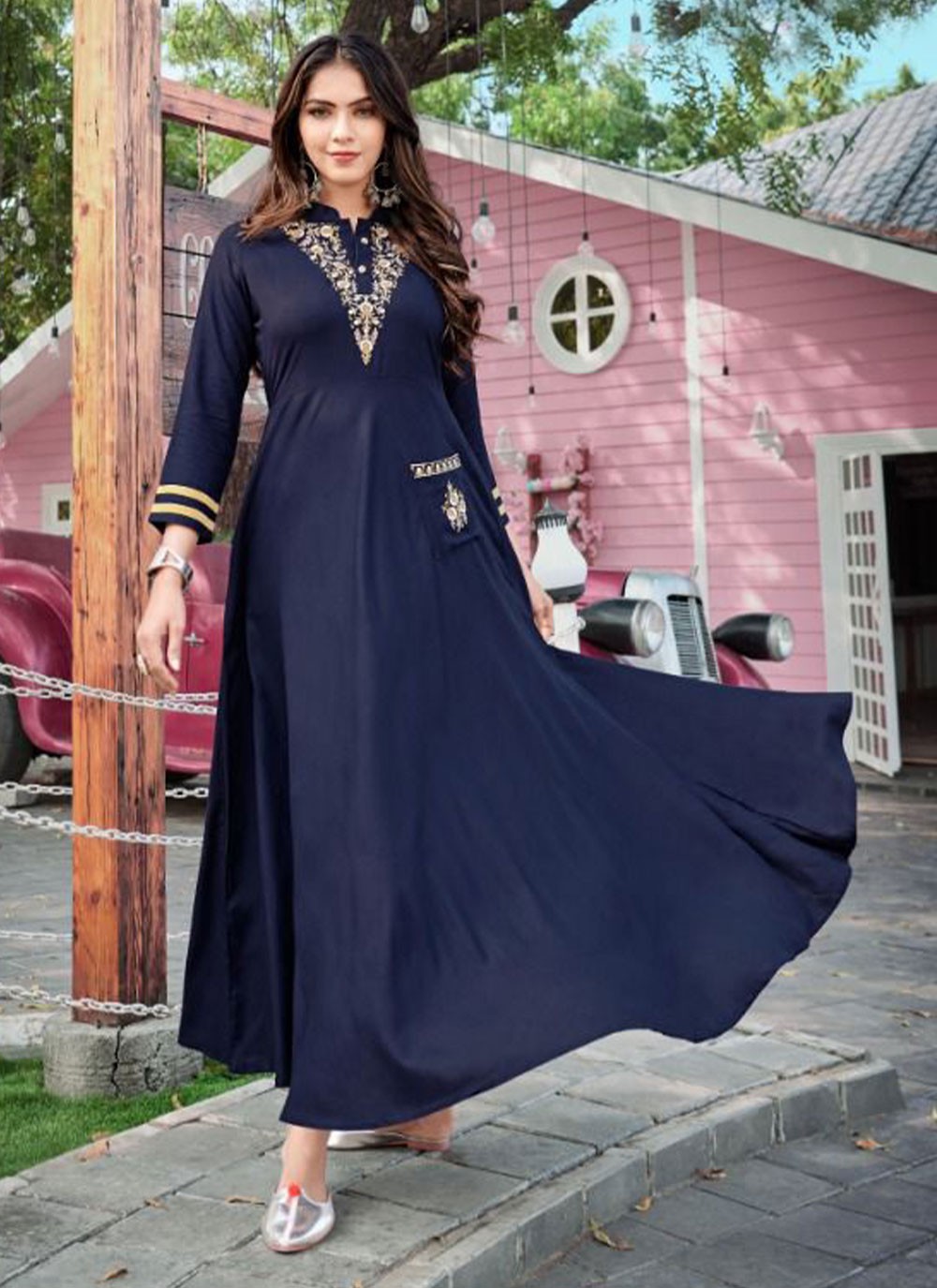 Embroidered Navy Blue Rayon Readymade Gown