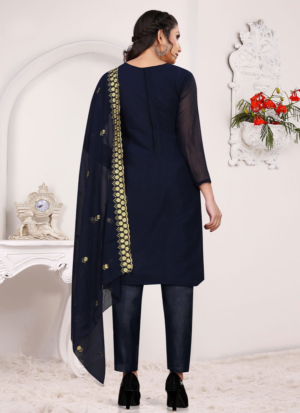 Embroidered Navy Blue Trendy Straight Salwar Suit 