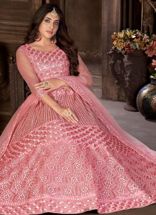 Embroidered Net A Line Lehenga Choli in Pink