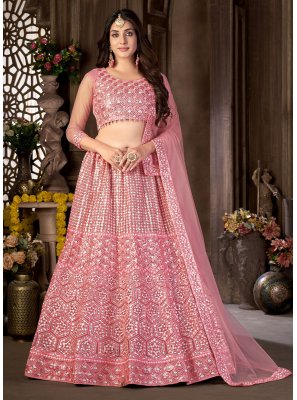 Embroidered Net A Line Lehenga Choli in Pink