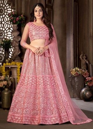 embroidered net a line lehenga choli in pink 233972