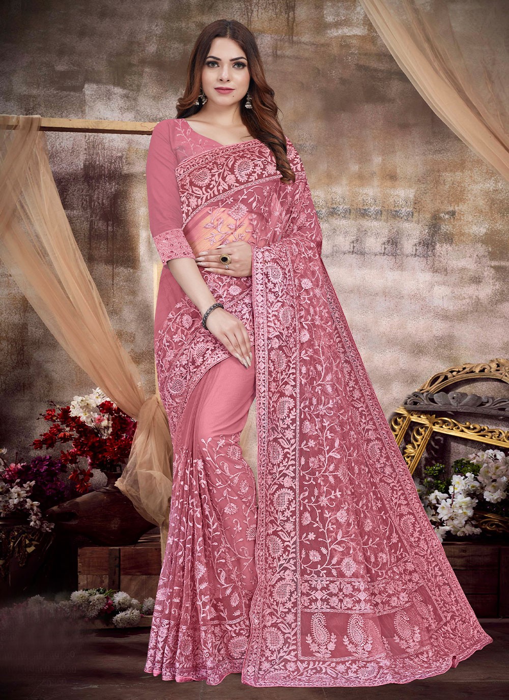 Embroidered Net Contemporary Saree in Pink