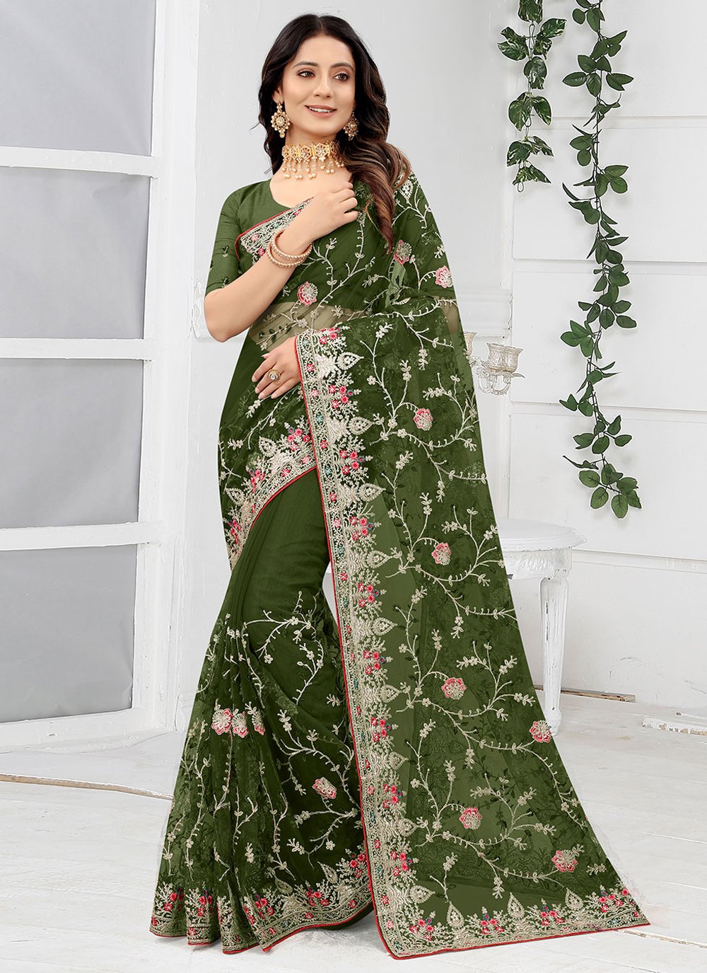 Embroidered Net Green Contemporary Saree