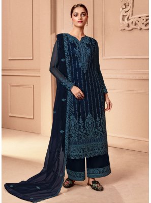 Embroidered Net Salwar Suit in Navy Blue