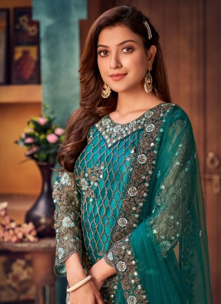 Embroidered Net Teal Layered Salwar Suit