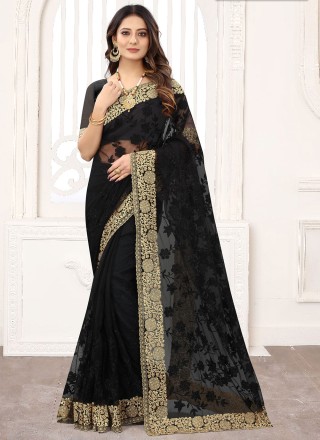Embroidered Net Traditional Saree in Black