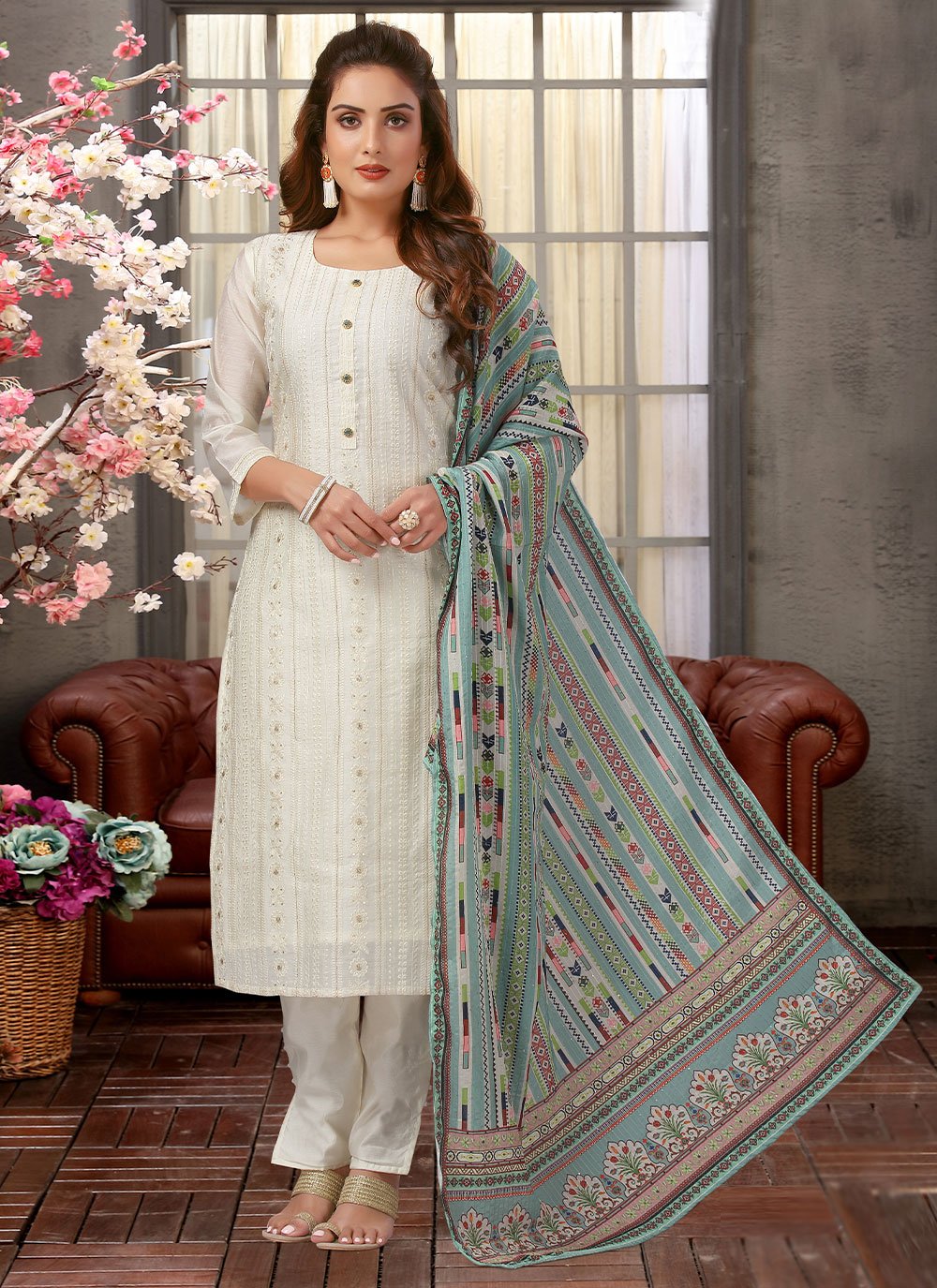 Embroidered Off White Readymade Salwar Suit buy online