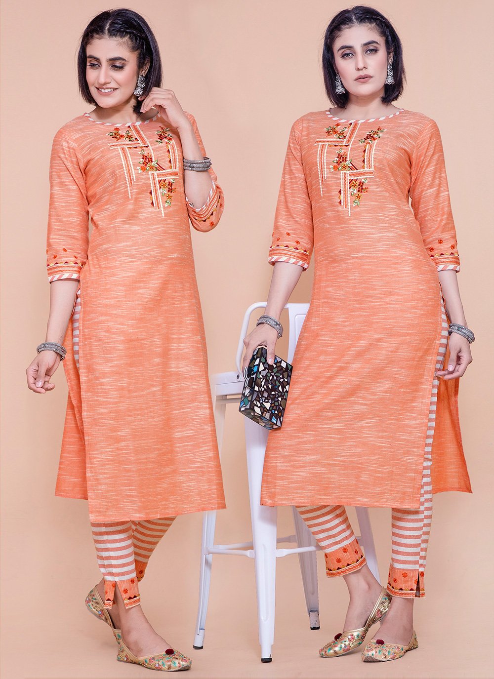 Embroidered Orange Cotton Designer Kurti
