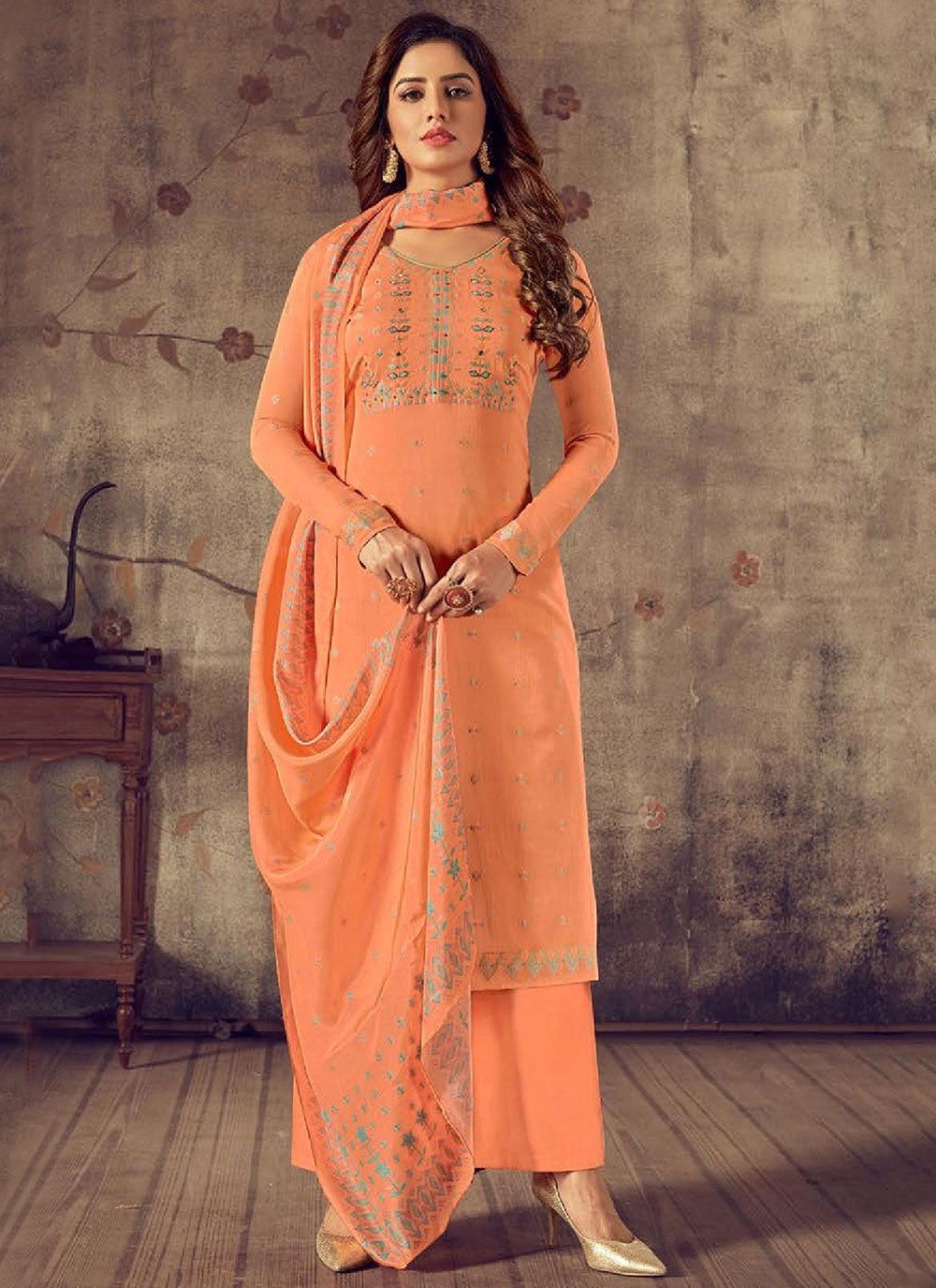 Embroidered Orange Cotton Designer Pakistani Salwar Suit