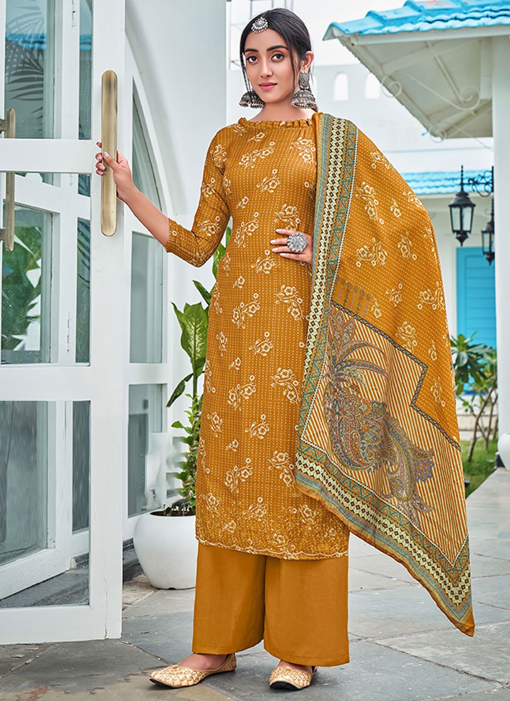 Embroidered Pashmina Trendy Salwar Suit in Mustard