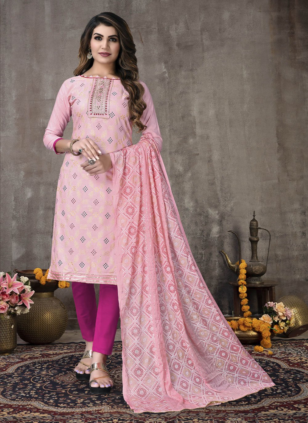 Embroidered Peach Cotton Straight Salwar Suit