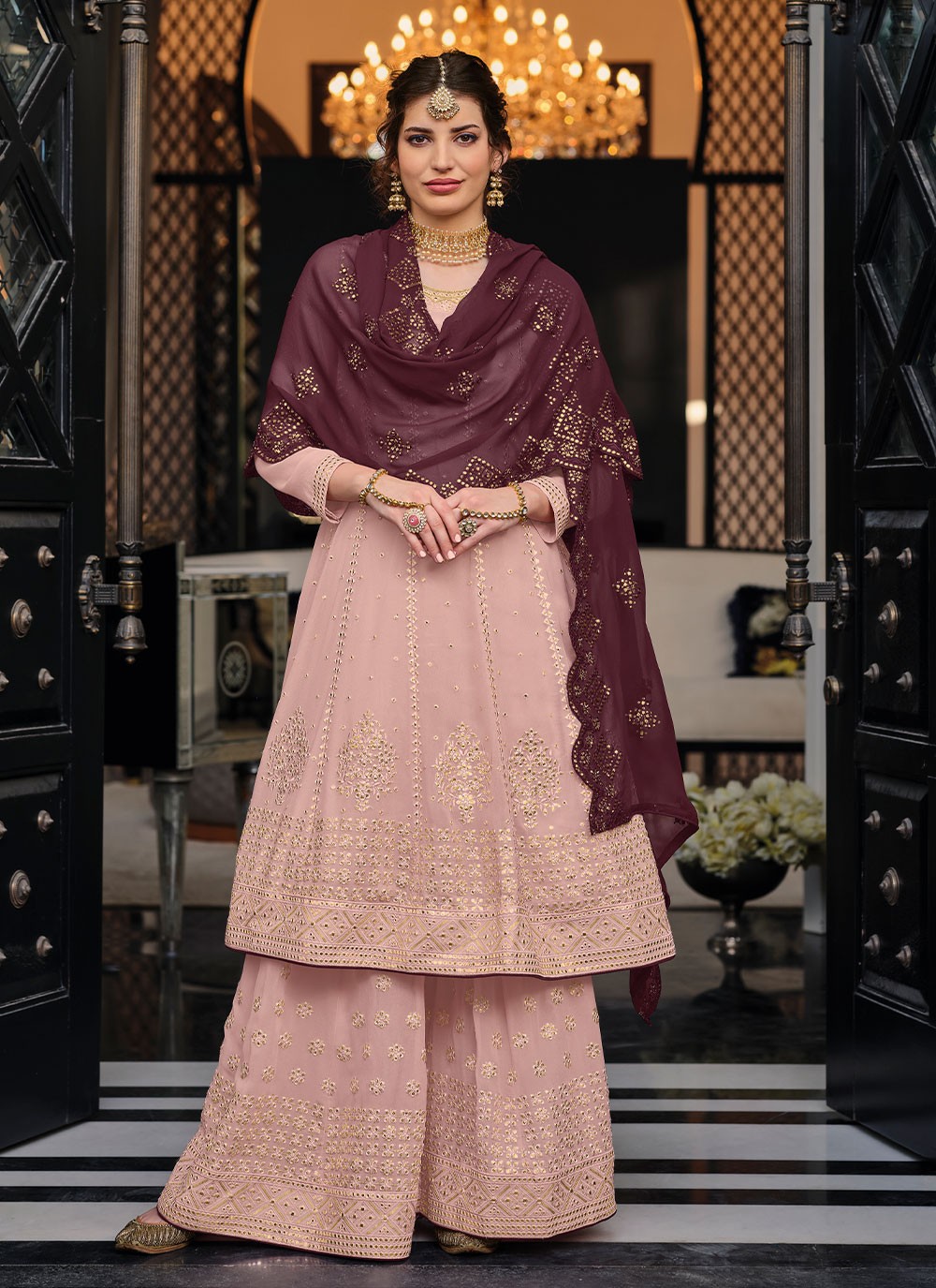Embroidered Pink Chinon Palazzo Salwar Suit