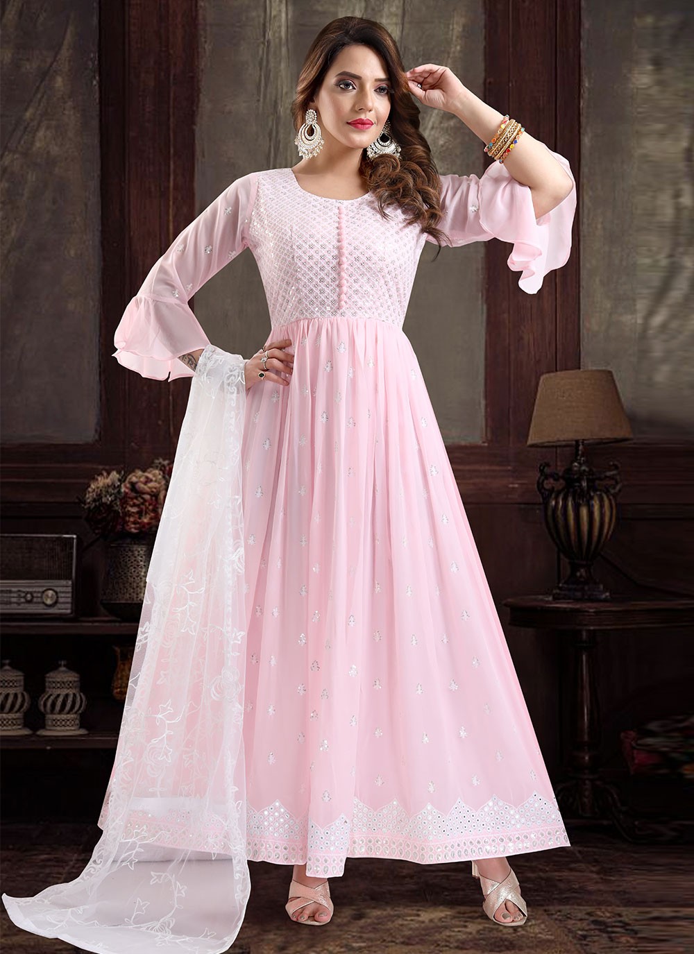 Embroidered Pink Faux Georgette Designer Suit